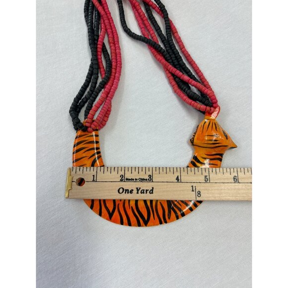 Vintage Tiger Bib Necklace Red Black Wood Beads Hand Painted Statement - Picture 4 of 7